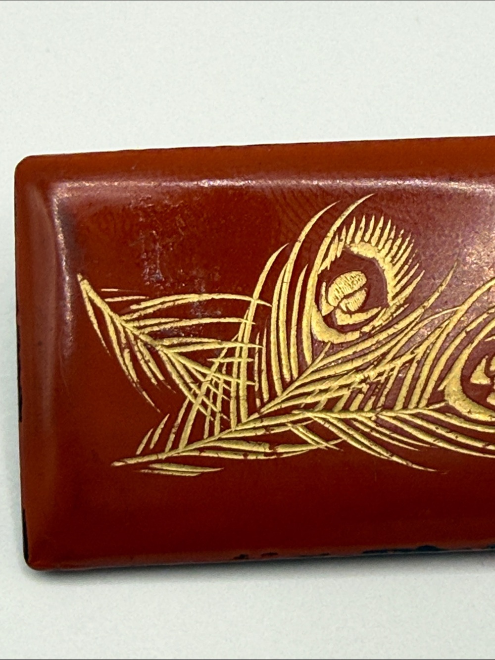 Antique lacquer Estate etched Peacock Feather Red Rectangular pin brooch deco - Picture 3 of 16
